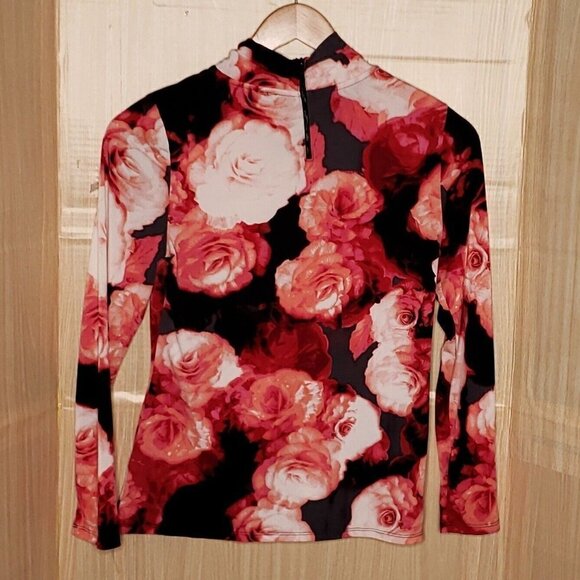 Worthington Womens Black Red Rose High Neck Stretchy Top  Medium - Picture 2 of 6